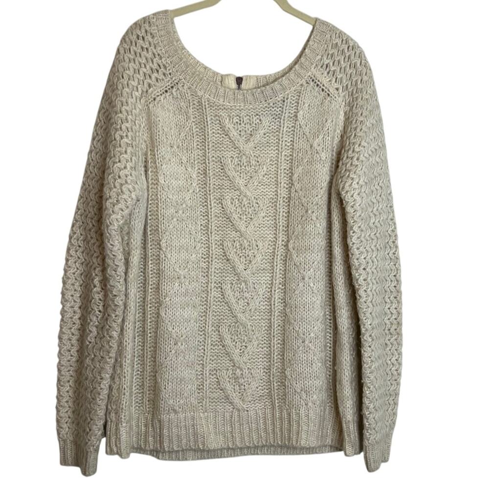 Cynthia Rowley Woman Sweater XL Ivory Cable Knit Textured Wool Blend Back Zip